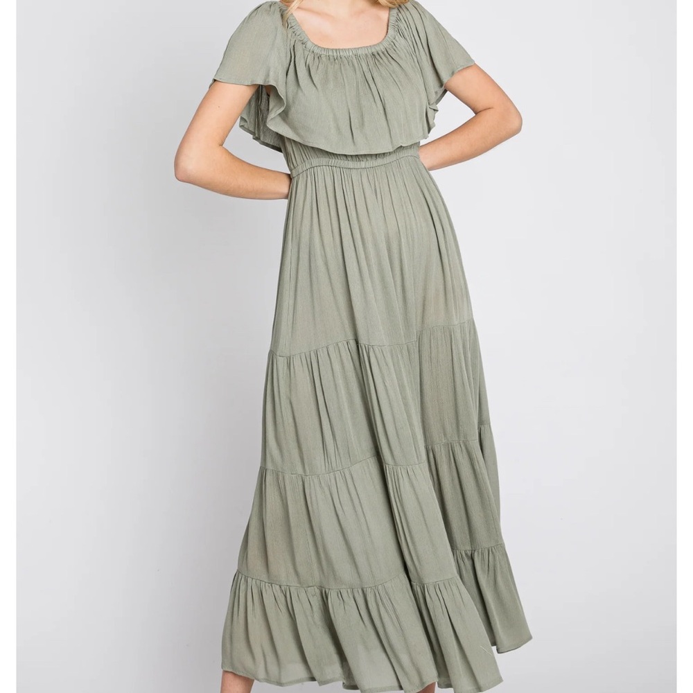 Pink blush maternity off the shoulder dress